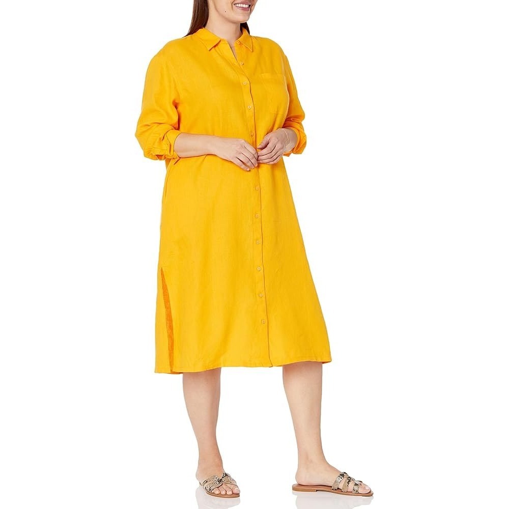The Drop Women 100% Linen Shirt Dress Small Yellow Button‎ Front Midi Lagenlook